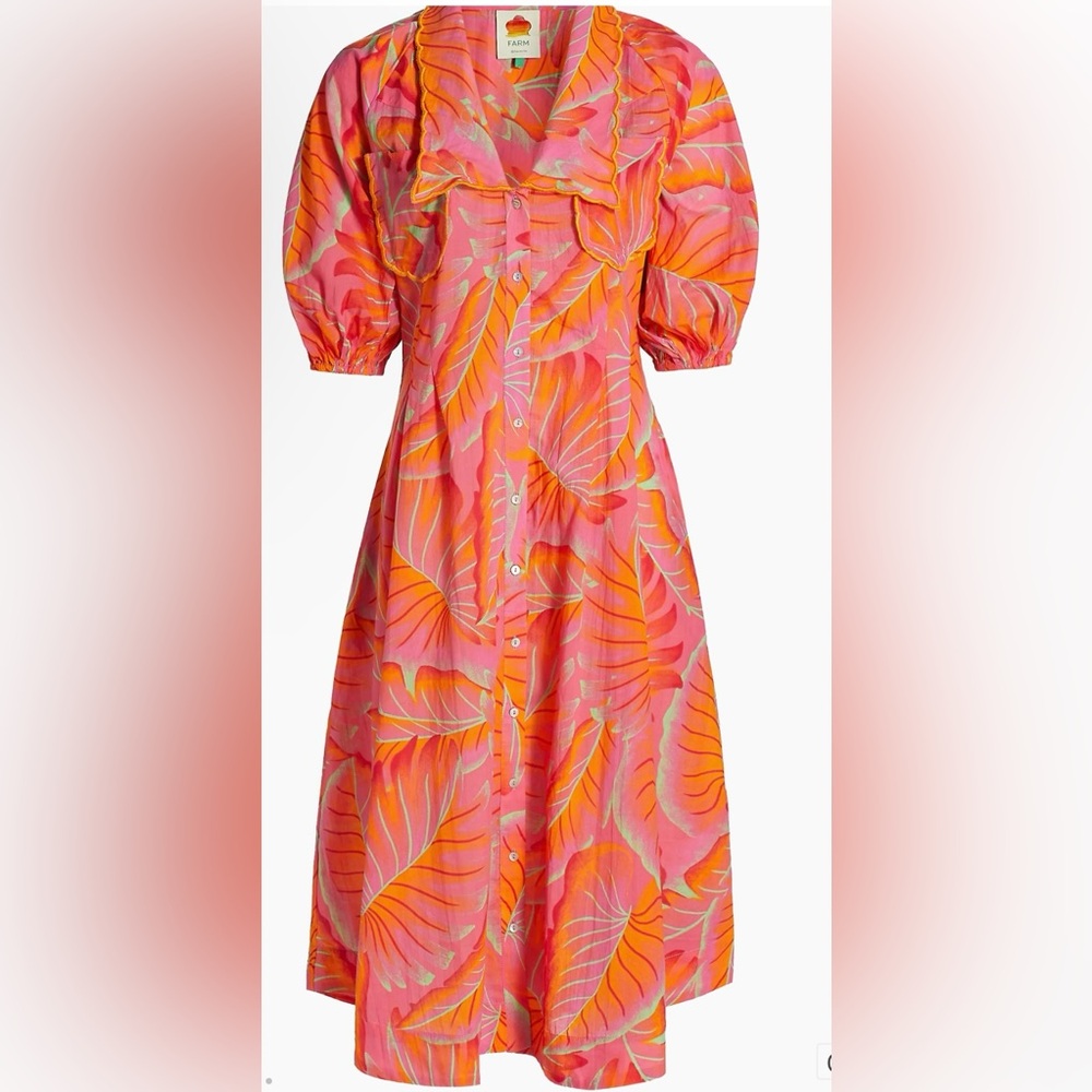 FARM Rio Pink and Orange Leaf Print Midi Dress